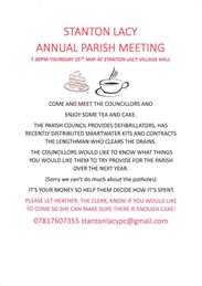 Annual Parish Meeting 7.30pm, 25th May at Stanton Lacy Village Hall